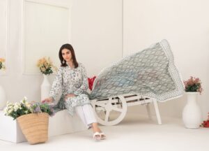 Smokey Blue and White 3 piece Dress - Tawakkal