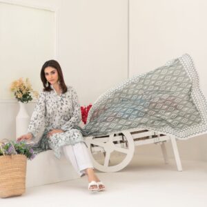 Smokey Blue and White 3 piece Dress - Tawakkal