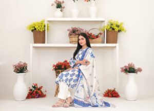 White and Blue 3 Piece Stitched - Tawakkal