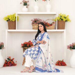 White and Blue 3 Piece Stitched - Tawakkal