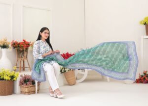 Sharmok Green and China Blue 3 Piece Stitched - Tawakkal